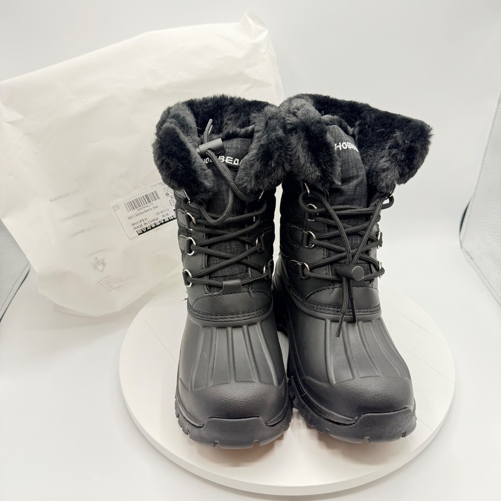 HOBIBEAR Boys US 2.5 Youth Snow Boots Black Faux Fur Fleece Winter Girls NEW